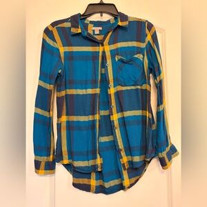 Falls Creek Teal, Yellow and Navy Plaid Button-Down Shirt